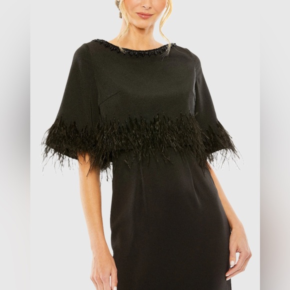 NWT $598 MAC DUGGAL Quarter Sleeve Crystal Neck Feather Detail Dress 11787 CAPE - Picture 3 of 4